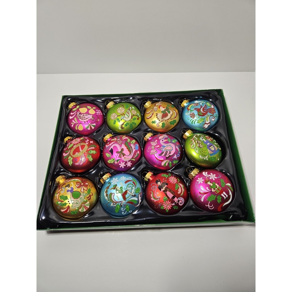 Kurt Adler 12 Days of Christmas Glass Ball Ornaments Set 12 Piece 65mm Boxed